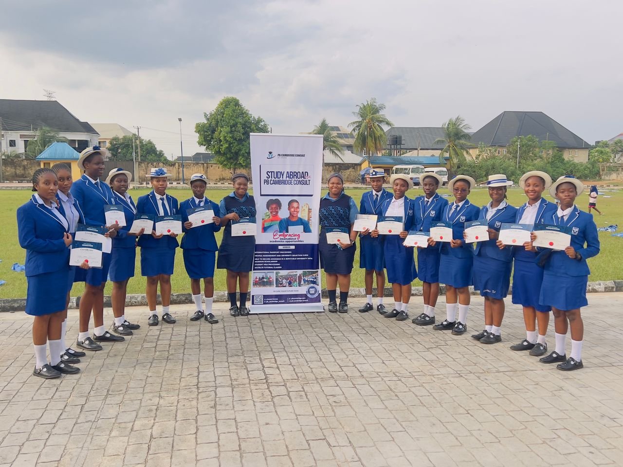 Blue school group with certificates